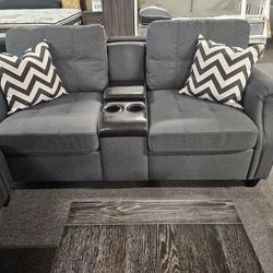 Brand New 79" Gray Linen Loveseat With Cup Holder And Charging Ports
