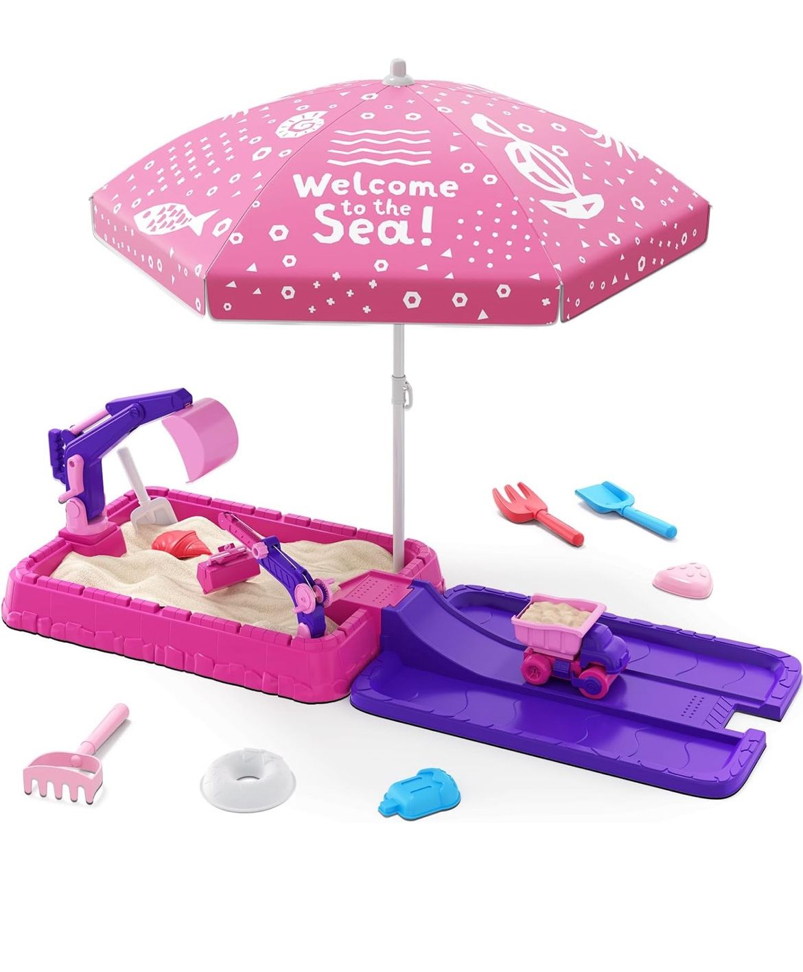 Sandbox with Lid, Dirt Digger Excavator Sand Box with Cover, Kids Sand Pit with Construction Toys/Umbrella/Beach Toys for Toddler 3-5, Sensory Kit Sum