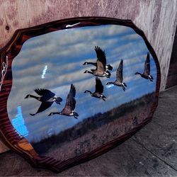 Resin geese print on wood wall art