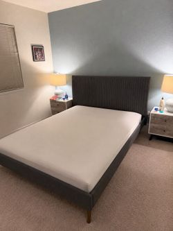 MOVE OUT SALE - Queen Bed Frame - Gray Headboard + Queen Mattress