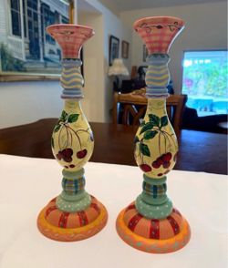 Tracy Porter Hand-Painted Cherry Candlesticks – Pair