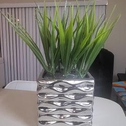 Silver Vase With Fake Plant