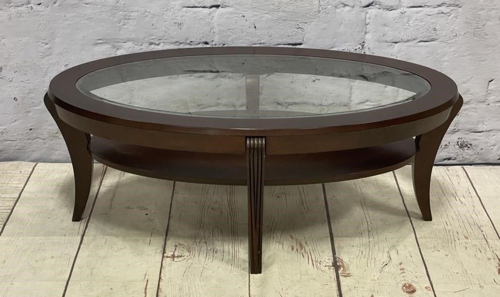Klaussner Oval Glass & Wood Inlay Coffee Table