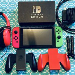 Nintendo Switch V2 - 32GB - Green and Pink Joy Con With Mic 64GB SD extra Grips