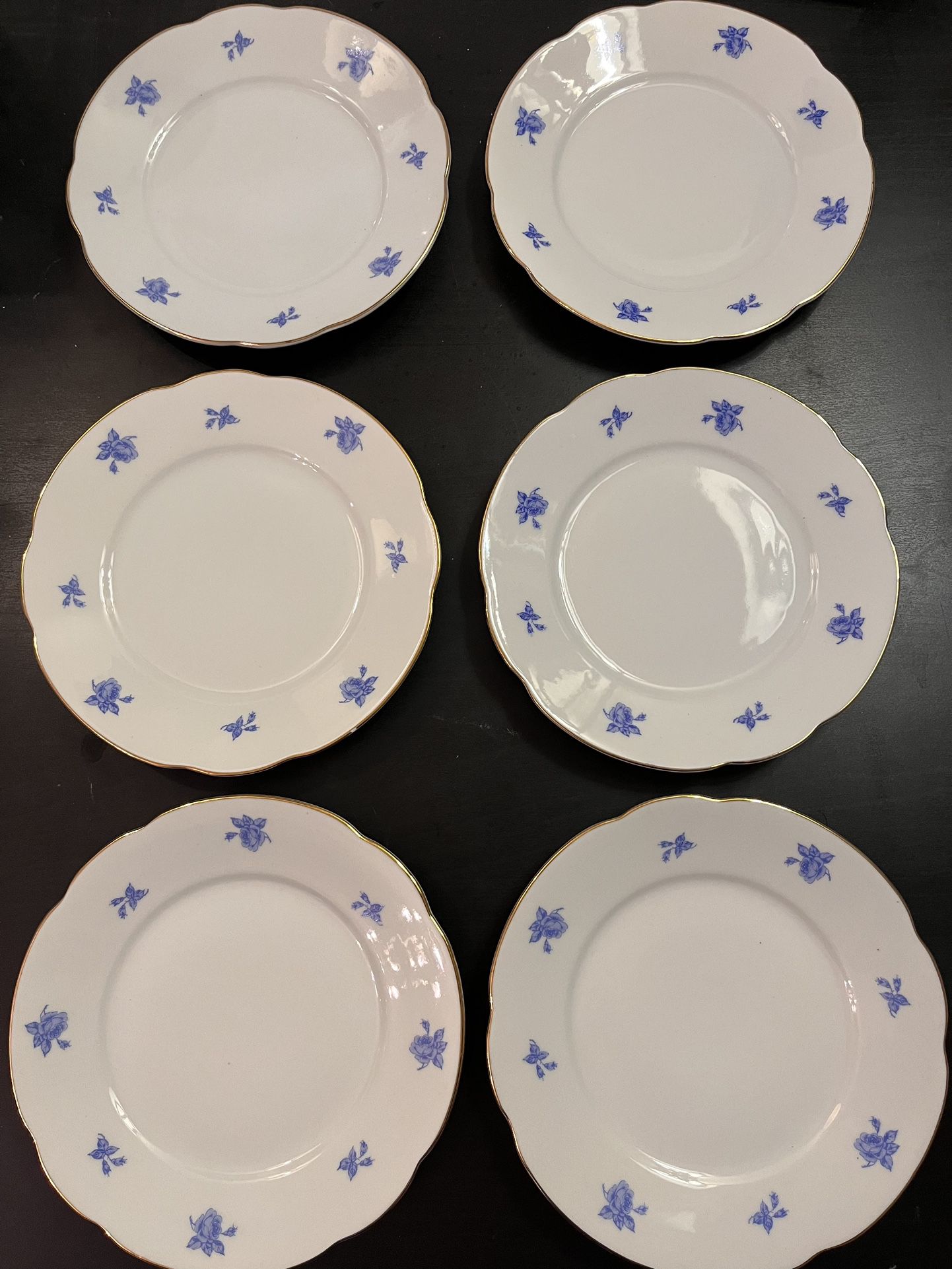 Set of 6 Arabia of Finland White Cake Plate with Blue Roses Decor Porcelain Tableware 1930 s 1950 s