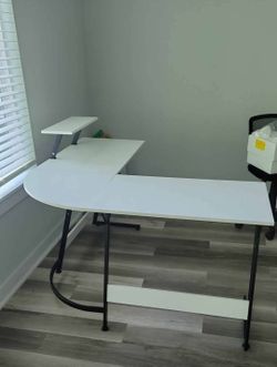 White L-Shaped Desk with Monitor Shelf