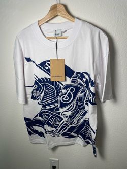 Burberry White Oversized T-Shirt with Blue Knight Graphic Print size L