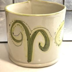 Handpainted Artist Signed Ceramic Cache Pot / Crock / Vase Greens / White / Black  Approx Measurements 4.5” x 4.5” at tallest and widest points