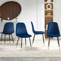 NORDICANA Velvet Dining Chairs Kitchen Plain Color Chair Upholstered Side Stools with Backrest Metal Legs Set of 4, Navy Blue