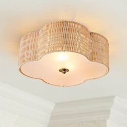 2-Light Bulb Rattan Brass Flush Mount Pendant Ceiling Light Fixture.