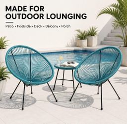Patio Lounge Chair Set of 2, Teal PE Rattan Open-Weave Round Accent Chairs with Rust-Resistant Black Metal Frame for Poolside, Deck, Balcony (Teal, Ir