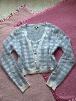 a blue & white gingham brushed knit cardigan & matching crop top set by Bump Biddy ⋆. 𐙚 ˚