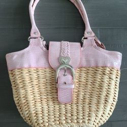 Straw Shoulder Handbag Purse Pink Faux Leather Handles Zip/Snap 13 X 10 X 4