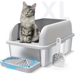 Enclosed Stainless Steel Cat Litter Box With Lid XL Litter Box For Big Cats