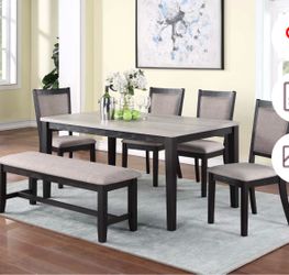 Dining table set with chairs and bench