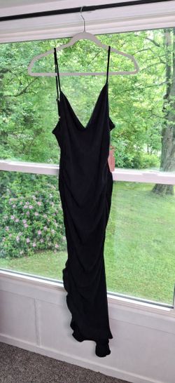 Black Ruched Asymmetrical Ruffle Midi Dress XL NWT