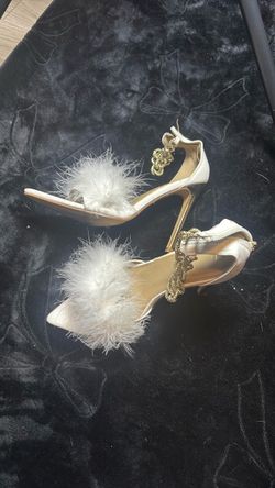 White Feather Stiletto Heels with Gold Detail