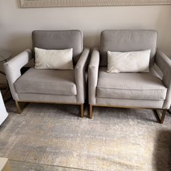 Pair Gray Accent Chairs Gold Legs
