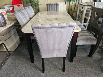 BRAND NEW GRAY FAUX MARBLE DINING TABLE (60"×42"×30"H) + 4 GRAY VELVET CHAIRS + BENCH