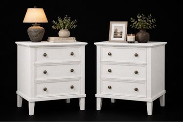 Set of 2 Wood White 3 Drawers Nightstand with Charging Station