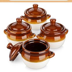 $10-This is a set of four Kitchen Basics traditional brown stoneware onion soup bowls. 