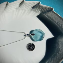 Large Japanese Turquoise Colored Sea Glass Sterling Necklace