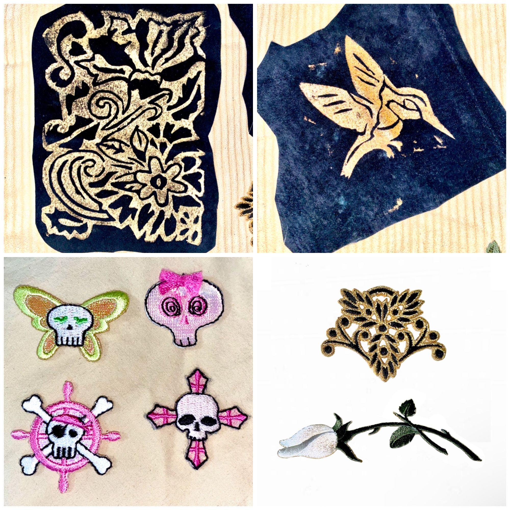 Set 8 Patches: 6 Iron-on Skull & Floral 2 Blk Suede & Gold Block Print FloraBird