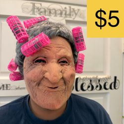 Grandma Halloween Mask with Pink Hair Rollers (SELLING FOR $5)