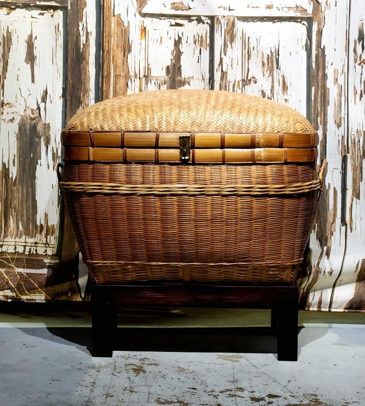 Vintage Chinese Herringbone Weave Cane And Rattan Storage Trunk With Stand