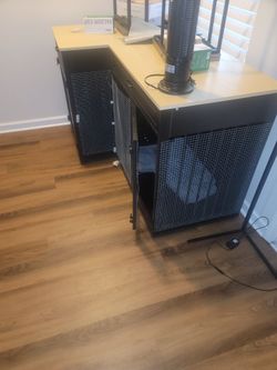 Black wood and metal pet crate cabinet