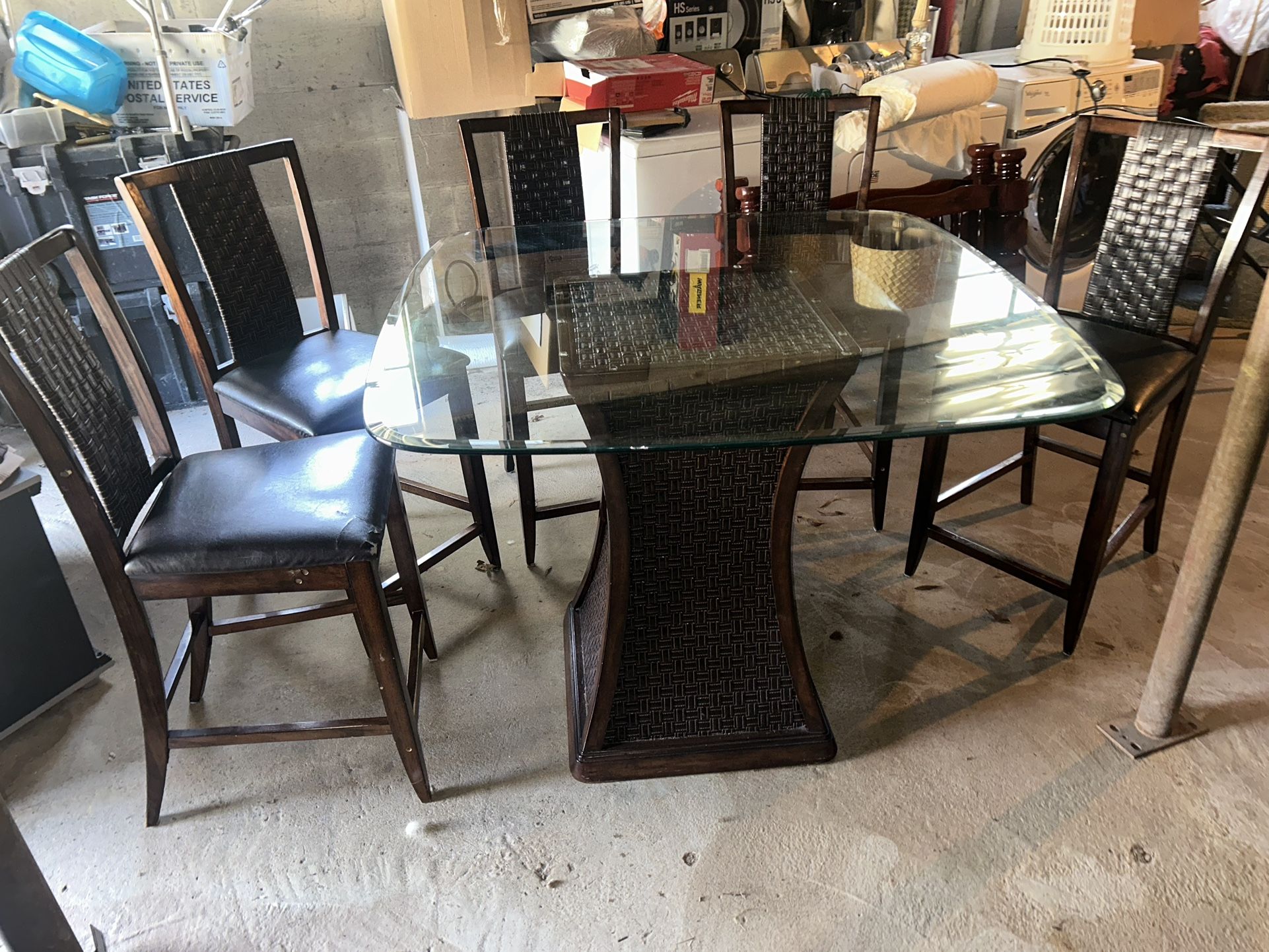 Glass top wooden dinner/patio table with 5 chairs (delivery available)