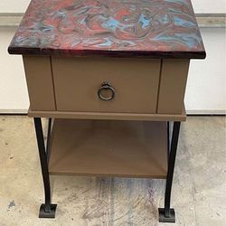 Small multicolor epoxy top nightstand or end side or accent table 23.5”H x 17.5”L x 15.5”