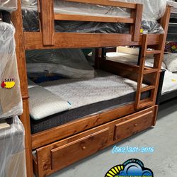Triple Bunk Bed Mattress Included Oak Color Full/ Full / Full Trundle Litera 