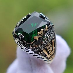 Men's Handmade Green Emerald Topaz Turkish Two Tone Ring - Size 11