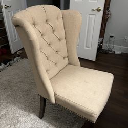 Beige Linen Wing, Back Studded Chair