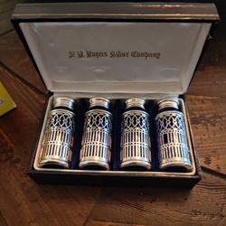 Vintage New In A Box FM Rogers Silver With Blue Glass Salt And Pepper Shakers