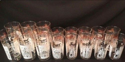 1950s Anchor Hocking glassware Gold n White Pennsylvania Dutch Collection. Tall Tumblers and Juice Glasses.  Antique classics.  SEE FULL AD BELOW