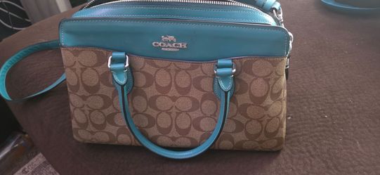 Coach Signature Handbag with Teal Leather Trim
