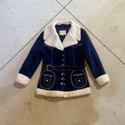 Vintage Mod Maid Sherpa Coat Size 16 Navy Blue Belted Faux Suede 70s Style