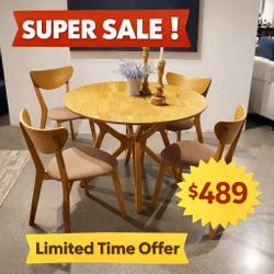 5-piece Round Solid Wood Dining Set Light Walnut