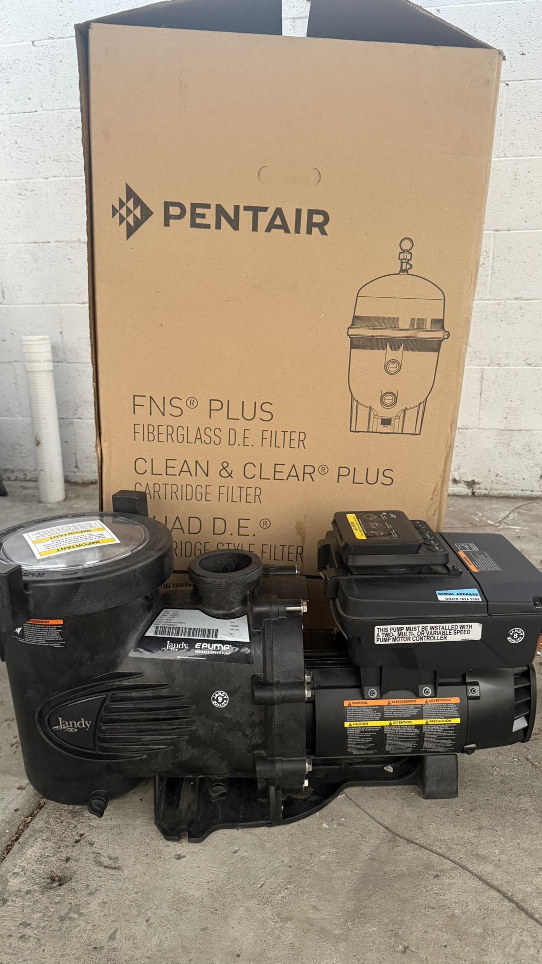 Pool Equipment Pad. New Jandy 2.7 HP Variable Speed EPump & Pentair 320 sq ft cartridge Filter