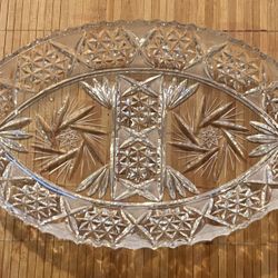 Vintage Crystal Clear Glass Oval Serving Dish Or Relish Tray