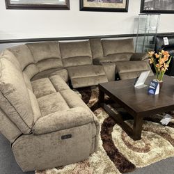Brown Sofa Sectional w/ 3x Power Recliners & Wireless Charger