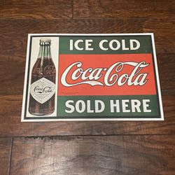 Vintage Ice Cold Coca-Cola Sold Here Advertising Metal Sign 16”x 11.25”