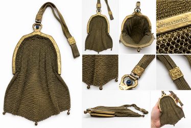 Antique Whiting & Davis Co. Mesh Purse, Edwardian Gold Tone Cathedral Wristlet Bag with Slide Strap & Blue Cabochon Clasp c. 1910s