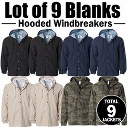 Lot of 9 Independent Trading Co Hooded Windbreakers – Mixed Sizes/Colors – Blank Coaches Jackets