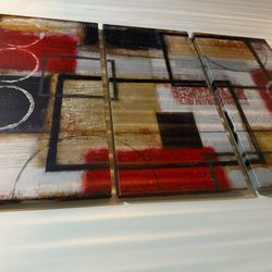 3-Piece Framed Canvas Abstract Print In Red/Gold/Black 