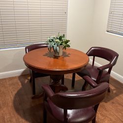 Dining Room Table With 3 Red Genuine Leather Chairs 