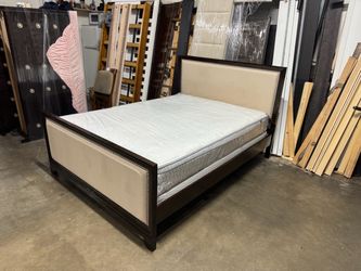 Upholstered Bed Frame with Dark Wood Trim