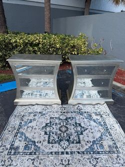 Mirrored Nightstand Pair Silver Frame 3 Drawers